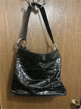 Brighton Black Croc-Embossed Shoulder Bag with Silver Rings